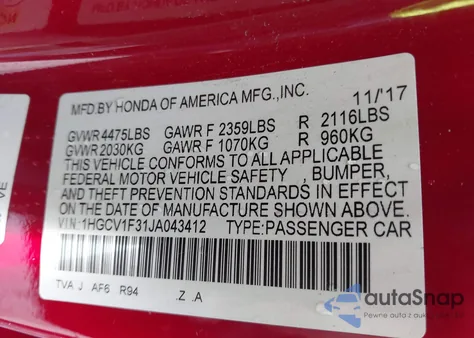 2018 Honda Accord Sport из США, поврежденный, VIN 1HGCV1F31JA043412